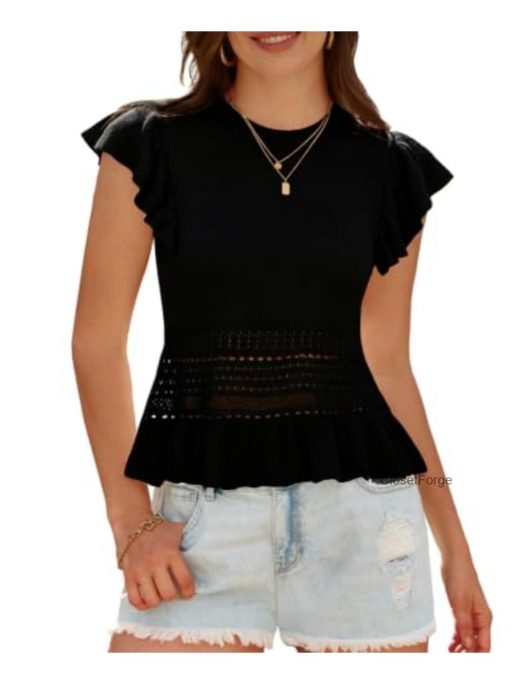 Women's Crochet Peplum Sweater Vest - Cap Sleeve Boho Knit Top with Ruffle Hem